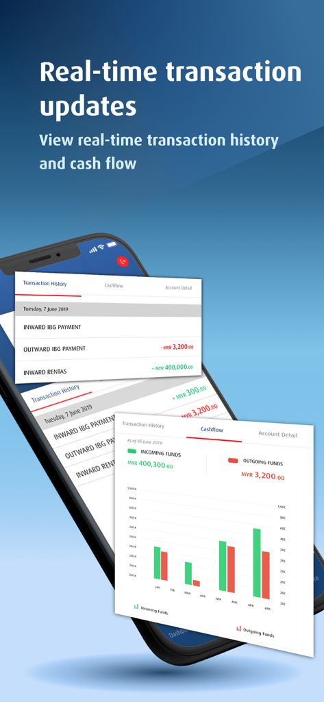 HLB ConnectFirst - HLB ConnectFirst mobile interface showing real-time transaction history and cash flow charts for business banking.