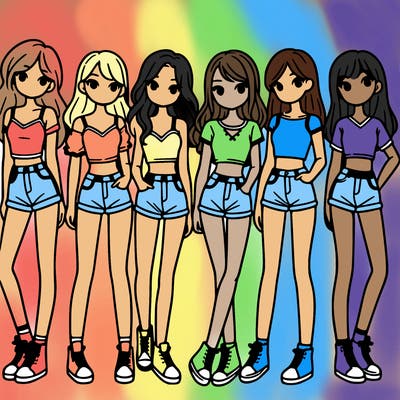 a group of girls wearing crop tops and shorts