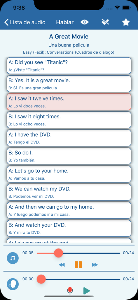 English Speaking Listening Pro - English speaking app interface showing a bilingual dialogue in English and Spanish with audio playback controls