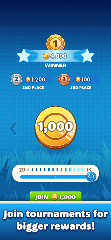 Royaldice: Dice with Everyone - Royaldice app screen showing tournament reward amounts for winners and a button to join a game for 1000 coins