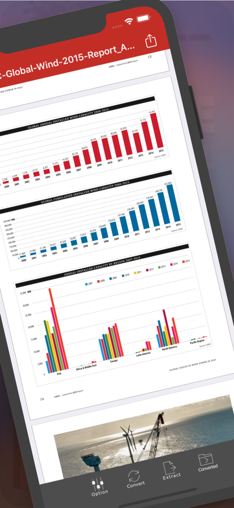 PDF to JPEG - Flyingbee - Interface de l'application Flyingbee PDF en JPEG montrant un rapport PDF avec des graphiques sur un écran d'iPhone