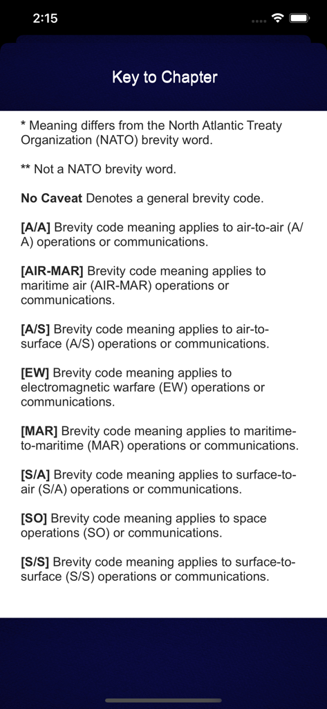 Key to Chapter screen with military brevity code abbreviations and their definitions