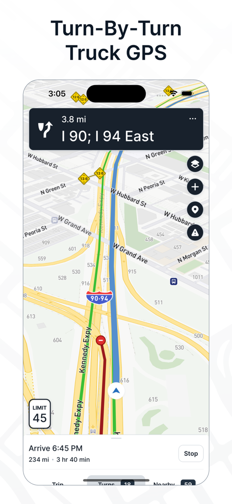 TruckMap mobile app showing turn by turn truck GPS navigation with route and arrival time