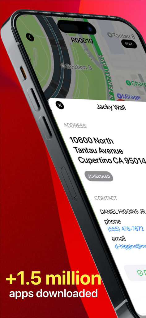 Route Planner+ app on an iPhone showing a map and a scheduled delivery address for Jacky Wall in Cupertino
