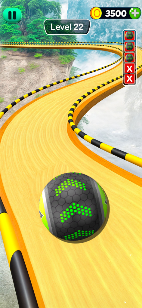 Going Balls - Rolling Sky Game - Una bola con patrones rodando sobre una pista amarilla sinuosa en lo alto de un paisaje montañoso en Going Balls Rolling Sky Game.