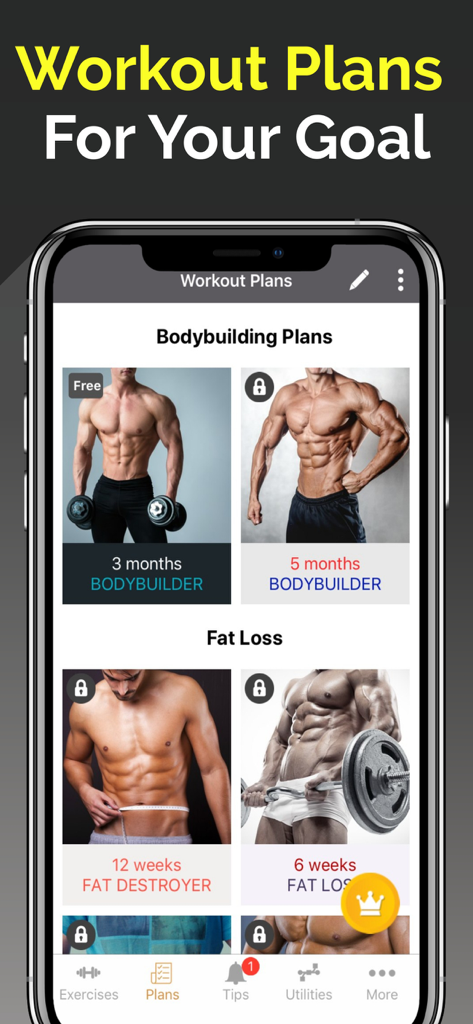 Mobile app interface showing bodybuilding and fat loss workout plans