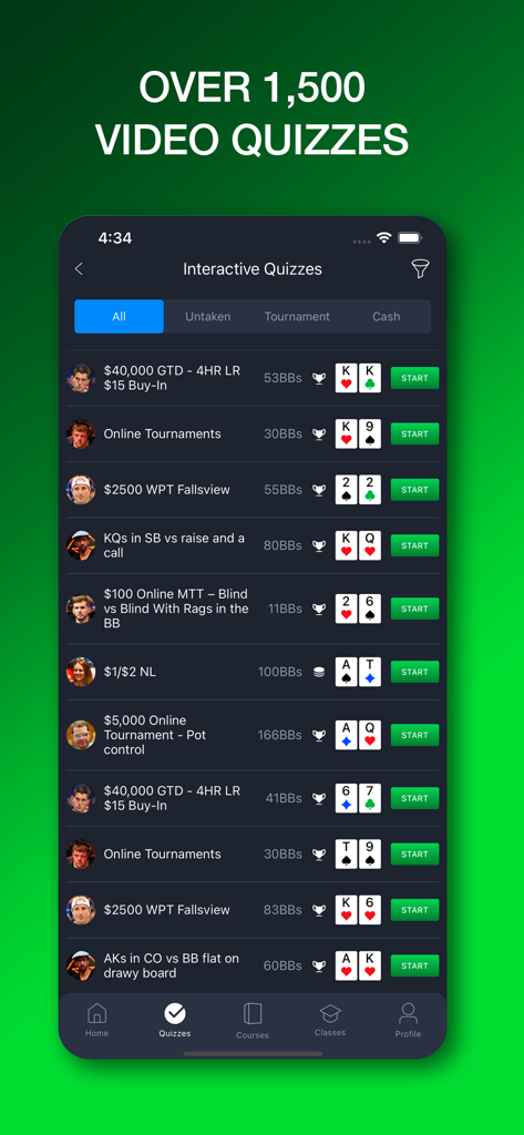 Cuestionarios interactivos de póker para torneos y partidas de cash en la aplicación Poker Coaching