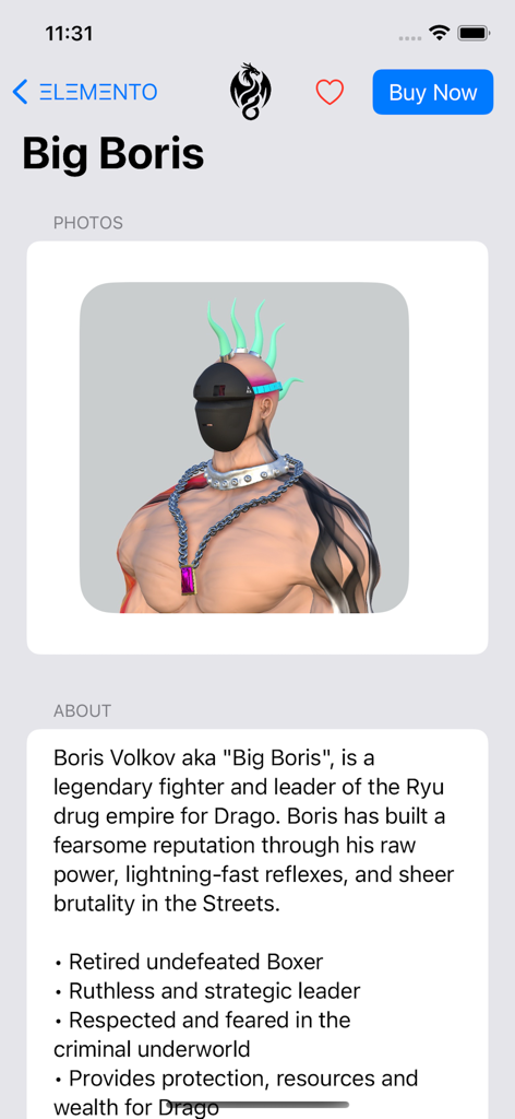 Page de profil du personnage Big Boris dans l'application ELEMENTO montrant des photos du personnage et son histoire