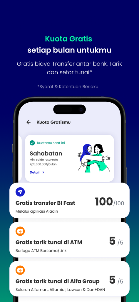 Aladin Bankのインターフェース、銀行振込と現金引き出しの無料月間クォータを表示