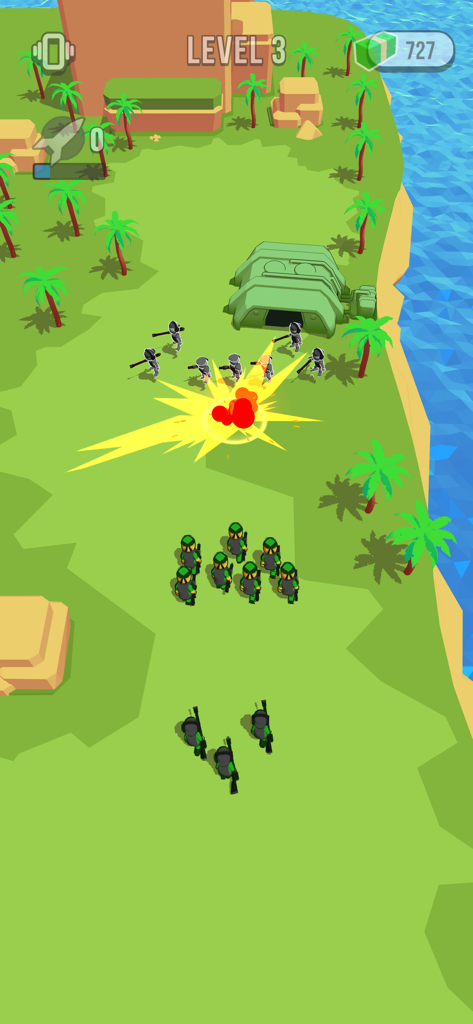 Epic Army Clash - Gameplay of Epic Army Clash showing stickman soldiers attacking an enemy bunker on a tropical island