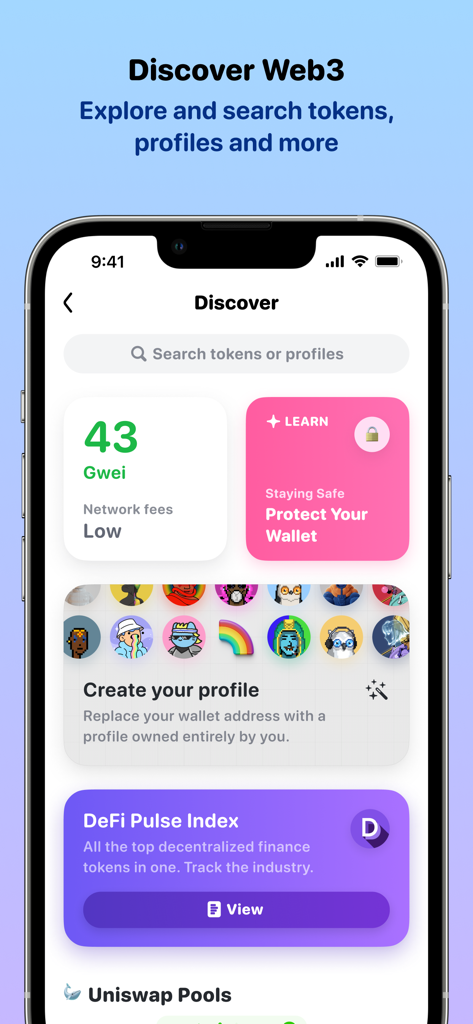 Rainbow - Ethereum Wallet - Rainbow Ethereum Wallet discover interface showing gas fees and Web3 exploration tools.