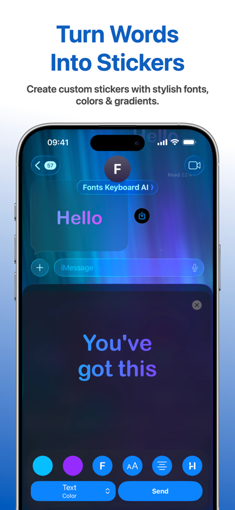 iPhone screen showing the feature to turn words into custom text stickers with stylish fonts and color gradients using Fonts Keyboard AI.