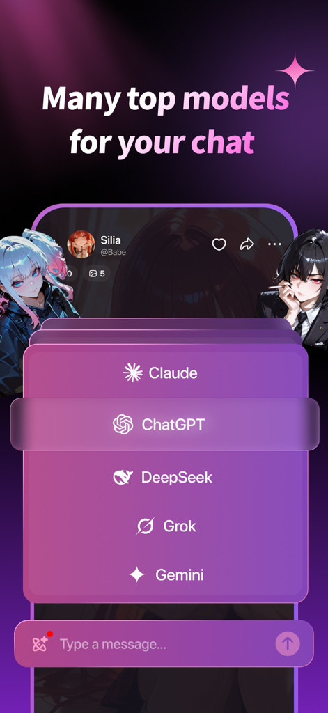 Interfaz de la aplicación CraveU AI mostrando los mejores modelos de IA disponibles para chat de rol, incluyendo ChatGPT y Claude.