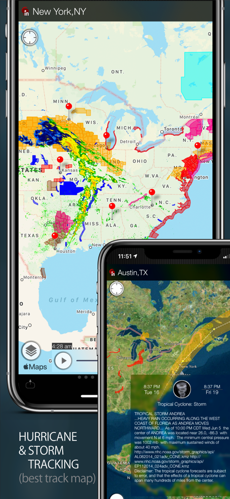 Radar HD app interface showing hurricane tracking and high-resolution storm radar on mobile screens