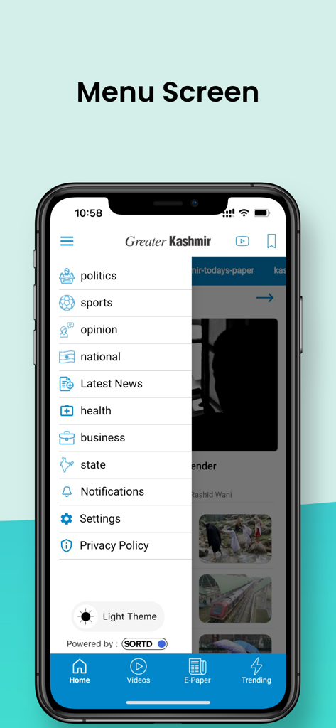 Greater Kashmir - News - Greater Kashmir News app menu screen showing various news categories and app settings