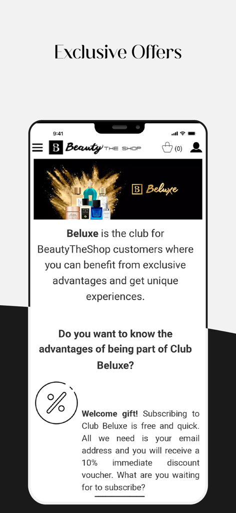 BeautyTheShop app screen for Club Beluxe featuring exclusive rewards and a 10 percent discount