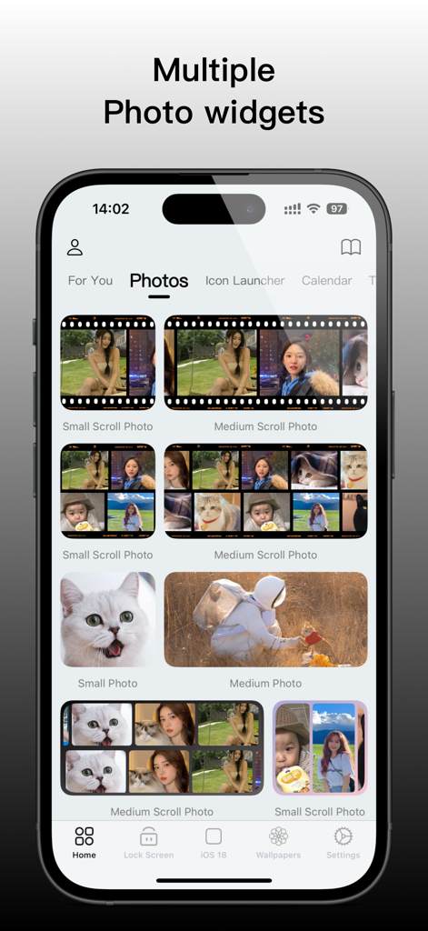 MoYo Widgets：Home/Lock Screen - Interfaz que muestra múltiples diseños de widgets de fotos en la aplicación MoYo Widgets para iPhone.