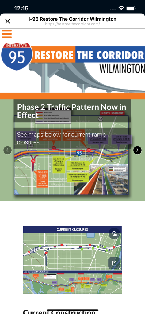 The DelDOT app displaying I-95 Restore The Corridor construction updates and Phase 2 traffic pattern maps for Wilmington.