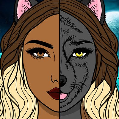 split face realistic woman and wolf
