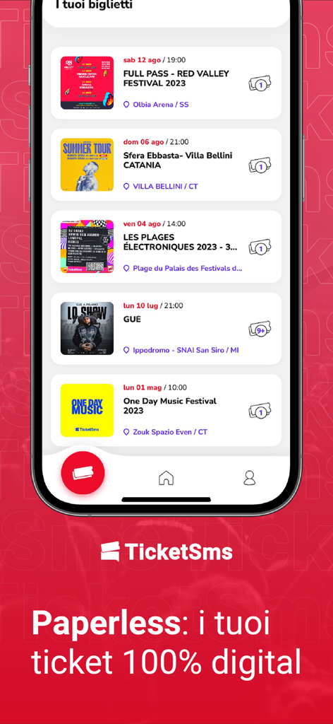 TicketSms - Interfaccia app TicketSms che mostra un elenco di biglietti digitali per concerti e festival
