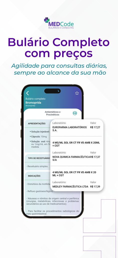 MEDCode – App medicina - MEDCode mobile app interface showing a medical drug guide with laboratory names and market prices.