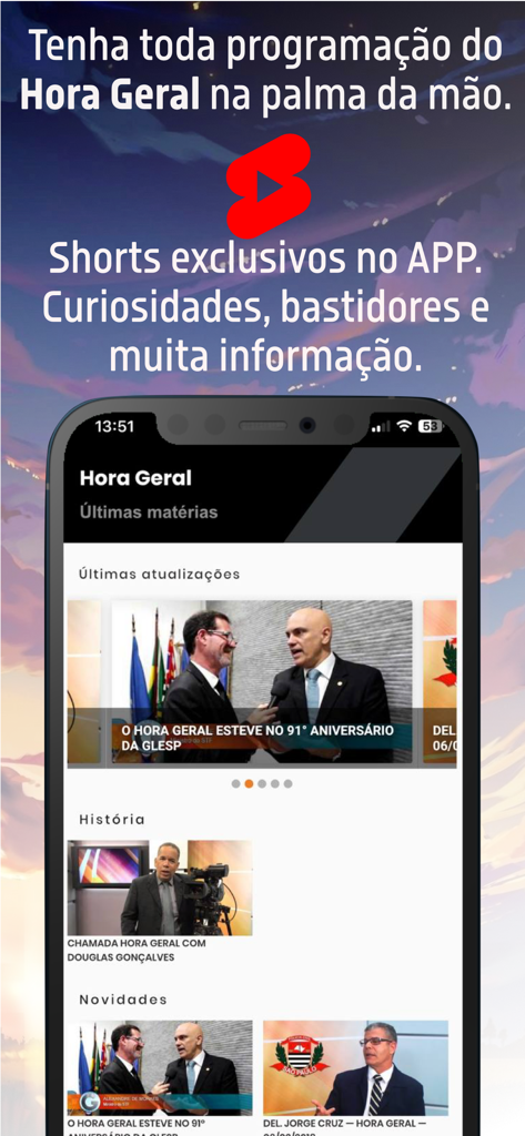 Hora Geral - A mobile phone displaying the Hora Geral news app interface with sections for latest updates, video shorts, and news summaries.
