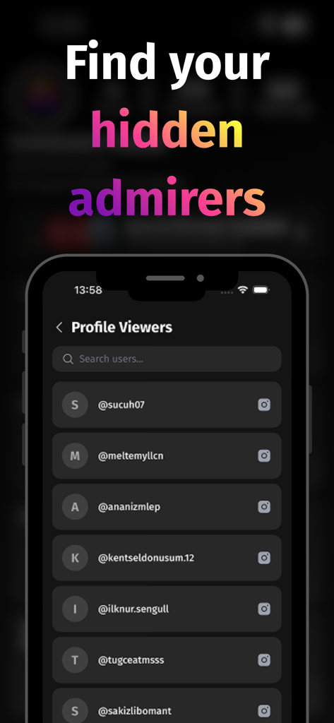 A smartphone screen displaying a list of Instagram profile viewers and hidden admirers within the Followers Tracker app interface.