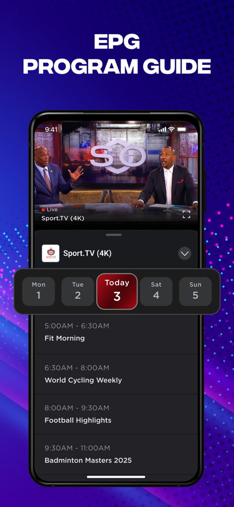 Electronic program guide interface in IPTV Smarters Player Lite showing a daily sports schedule.