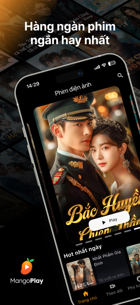 Mango Play - Mango Play app interface showing a featured romance short drama on the home screen