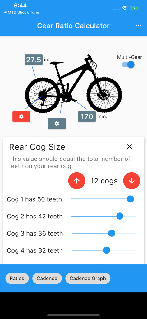 MTB Gear Ratio - Interface of the MTB Gear Ratio app showing a mountain bike diagram and settings for rear cog sizes and tooth counts.