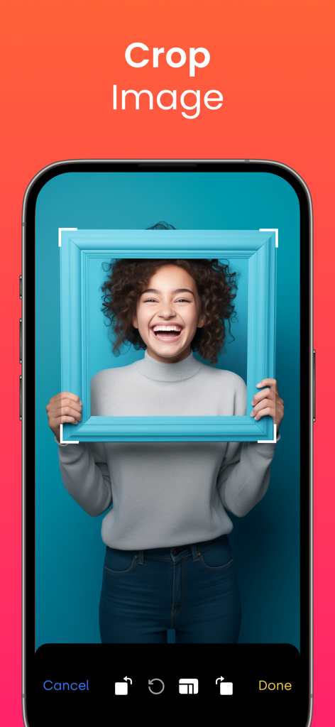 Retouch AI - Remove Objects - 미소 짓는 여성의 초상화와 함께 이미지 자르기 기능의 Retouch AI 모바일 앱 인터페이스