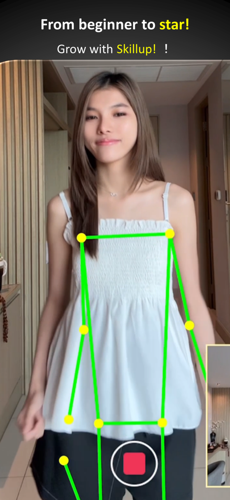 Woman using HILFE AI app with green skeleton overlay for dance motion analysis.