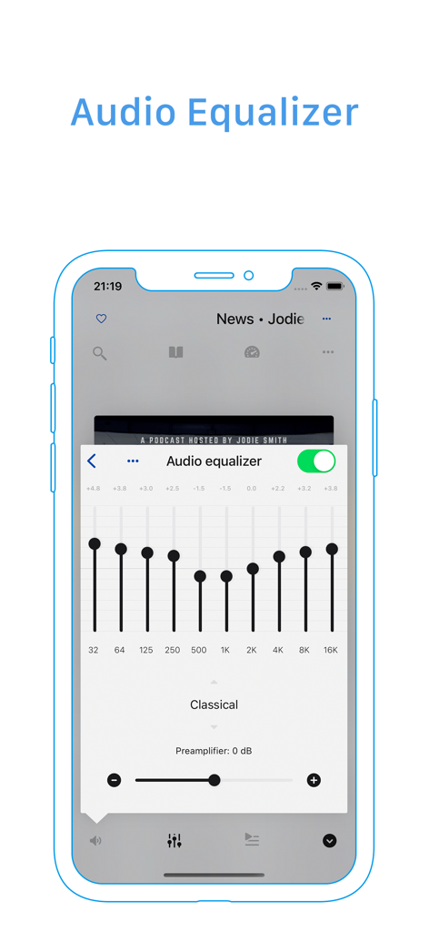 FirePlayer: player 4 MediaFire - Interface de l'égaliseur audio de l'application FirePlayer affichant les commandes de fréquence manuelles et les préréglages sonores