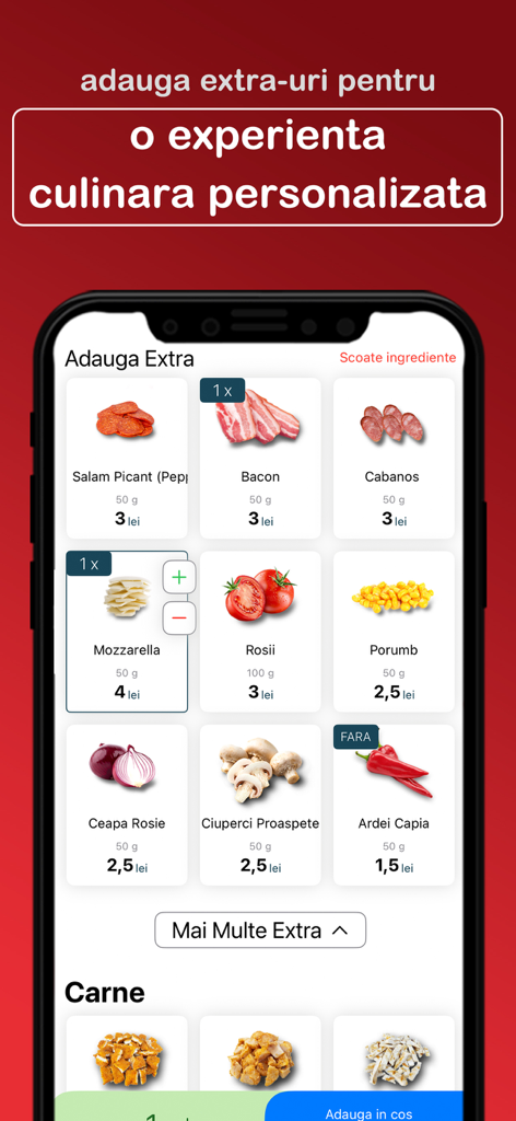 Craft Delivery - Interfaz de la aplicación Craft Delivery para añadir ingredientes extra a un pedido de comida con opciones como tocino, mozzarella y verduras
