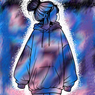 realistic girl with a oversized sweatshirt on and a bun