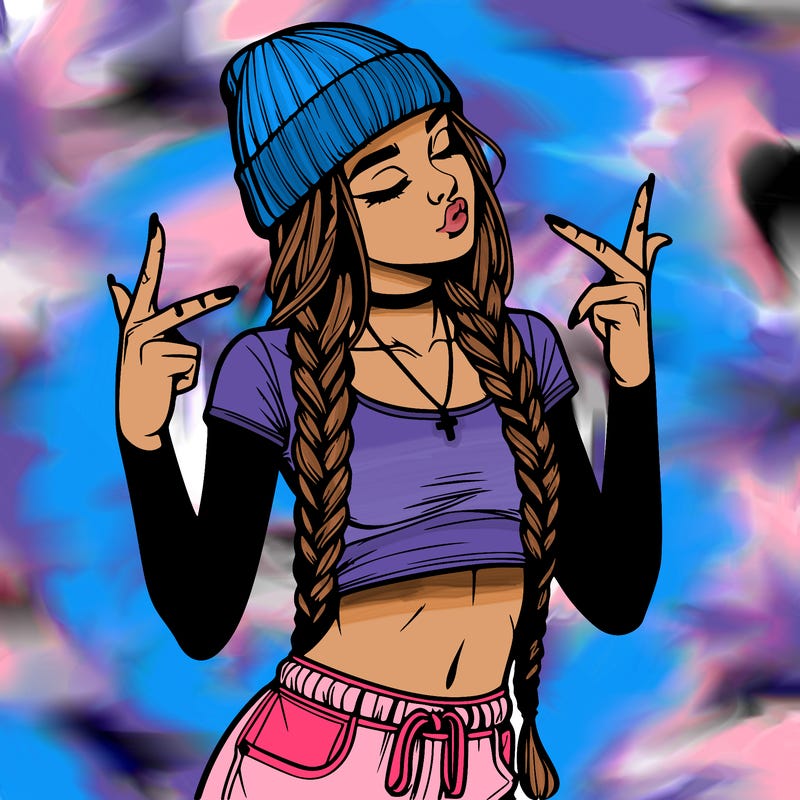 realistic teenage girl with braids and a beanie and crop top doing 🫶🏼