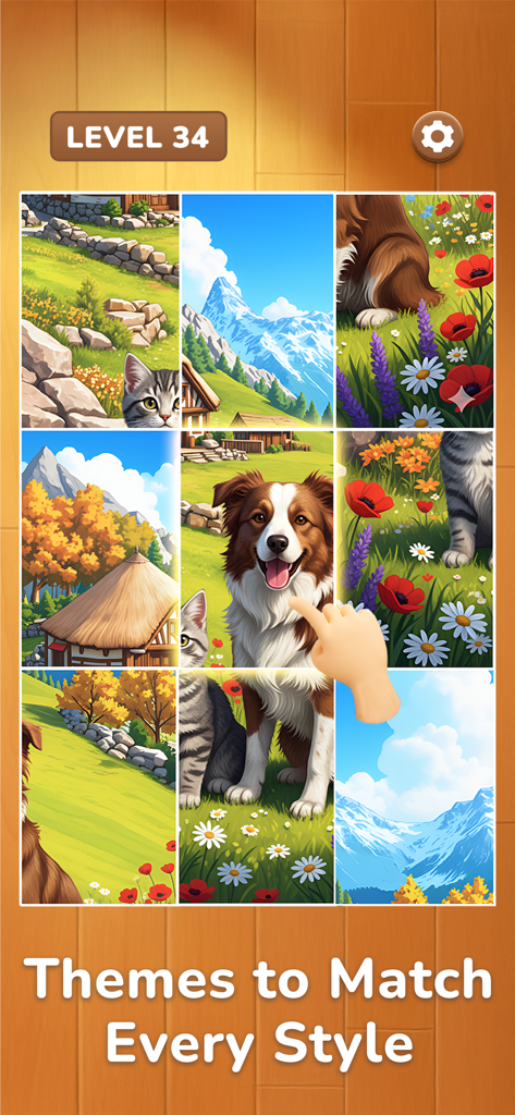 Daily Jigsaw - Zen Puzzles - A jigsaw puzzle game screen showing a variety of nature and animal themes with a hand moving a piece