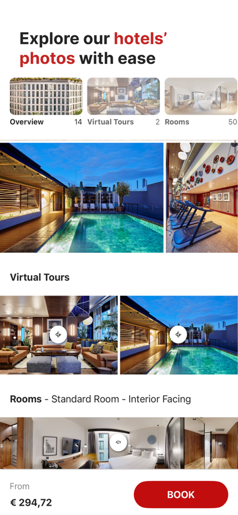 Radisson Hotels Stays - L'application Radisson Hotels présente des photos d'hôtels, des visites virtuelles et des détails de réservation de chambres.