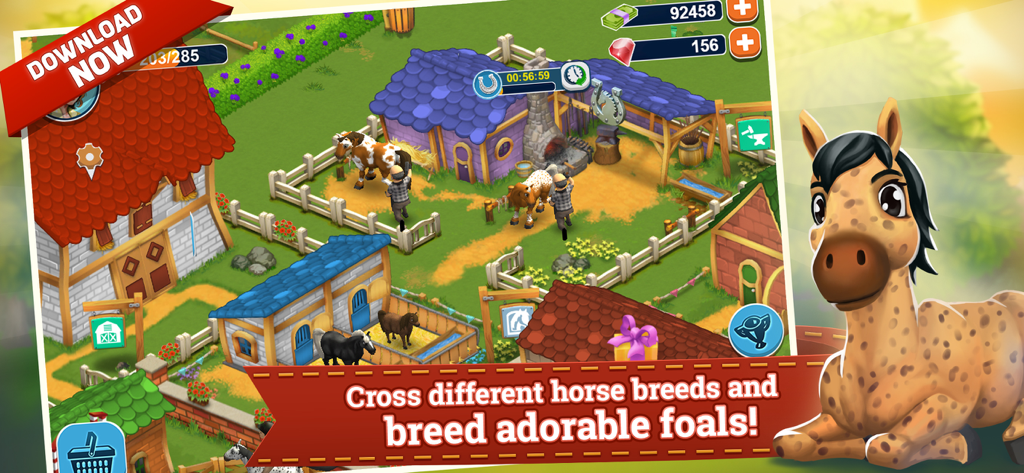 Horse Farm - Jugabilidad de Horse Farm mostrando establos coloridos y la mecánica de cría de caballos con la ilustración de un adorable potro.