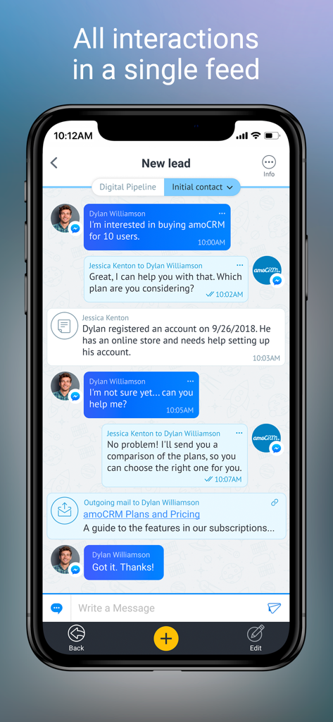 amoCRM 2.0 - amoCRM 2.0モバイルアプリ。すべてのリードインタラクションが単一のメッセージフィードに表示されています。