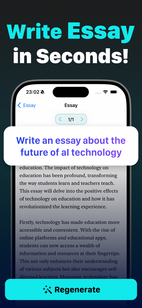 Writify: AI Writing Assistant - Writify AI mobile app interface showing an essay being generated in seconds