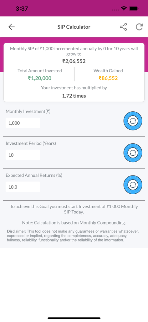Pantalla de la calculadora SIP de la aplicación móvil Etica Wealth mostrando proyecciones de crecimiento de la inversión y ganancias de patrimonio