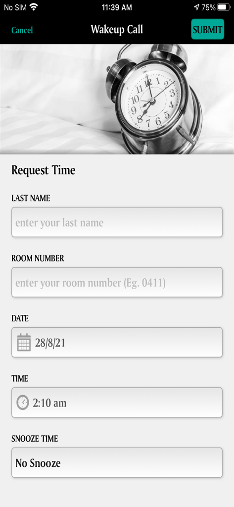 Crystalbrook - Pantalla de la aplicación Crystalbrook para programar una llamada de despertador del hotel con campos para nombre, número de habitación, fecha y hora