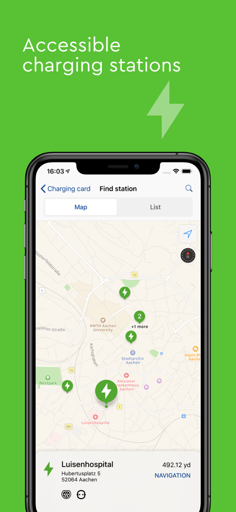 mobileeee E-Carsharing - Ein Smartphone-Bildschirm, der die mobileeee App mit einer Kartenoberfläche zur Lokalisierung von zugänglichen Ladestationen für Elektrofahrzeuge anzeigt.