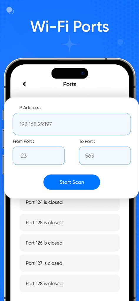 Interfaz de la aplicación Router Admin WiFi Analyzer mostrando una herramienta de escaneo de puertos de red con entradas de dirección IP y rango de puertos.
