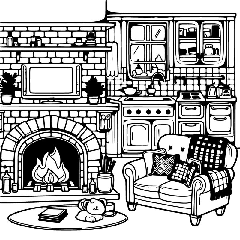 fireplace with comfy chair and a bed with a kitchen and tv