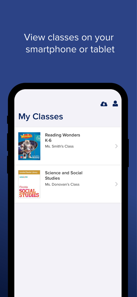 McGraw Hill K-12ポータルアプリの「マイクラス」ダッシュボード。生徒のコースリストが表示されています。