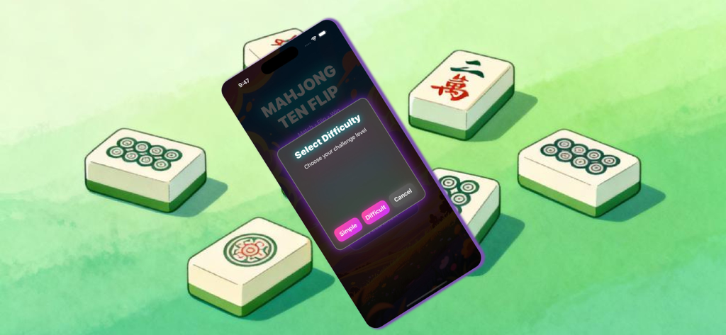 Difficulty selection screen of the Mahjong Ten Flip mobile game showing simple and difficult modes