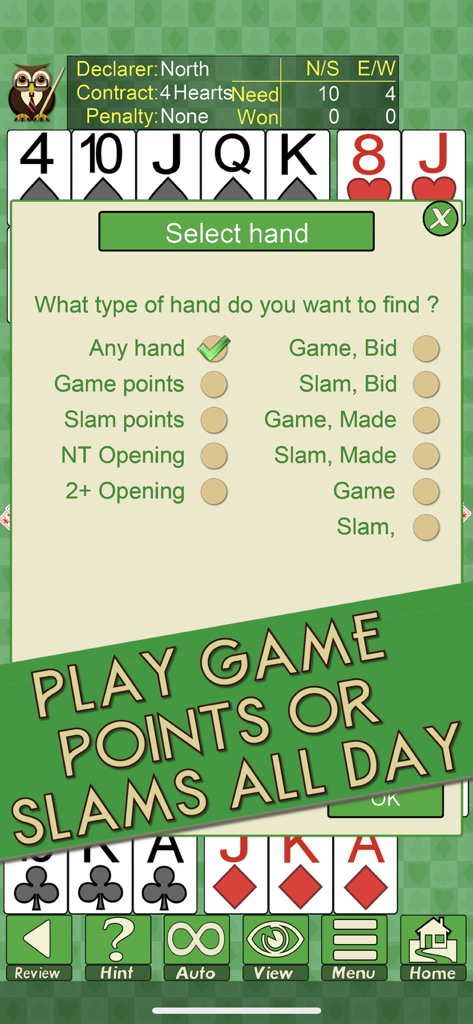 Captura de pantalla de Bridge V plus que muestra el menú de selección de mano con puntos de juego y opciones de slam