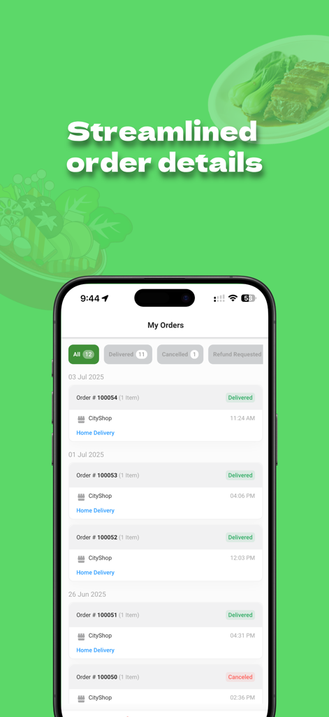 CityOrder: Rider - CityOrder mobile app screen displaying a list of recent order history and statuses